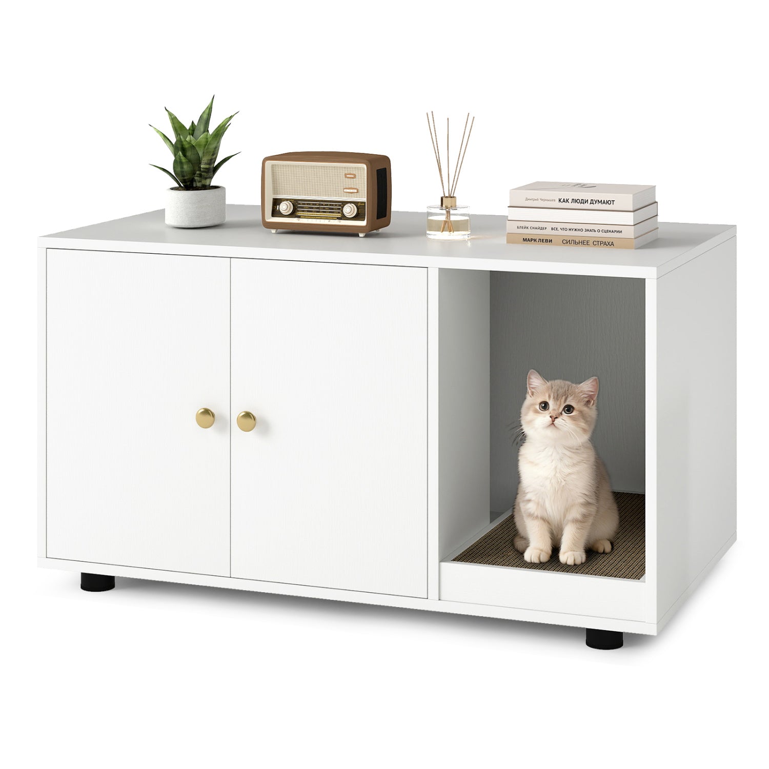 Wooden Cat Litter Box Enclosure, With Scratching Board, White Cat Houses White at Gallery Canada