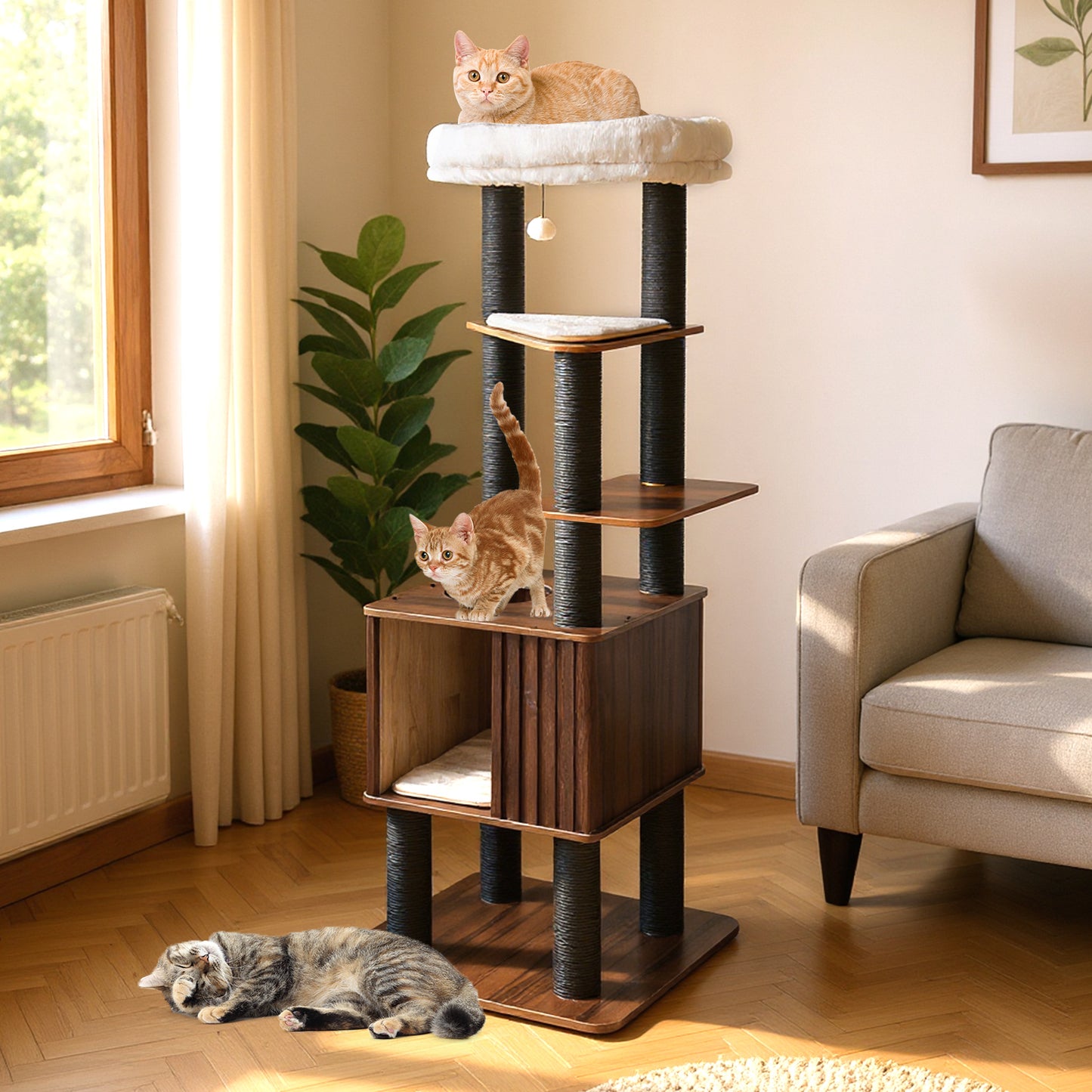 Wooden Cat Tower Top Perch with Soft Padding, Brown