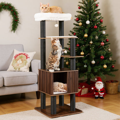 Wooden Cat Tower Top Perch with Soft Padding, Brown