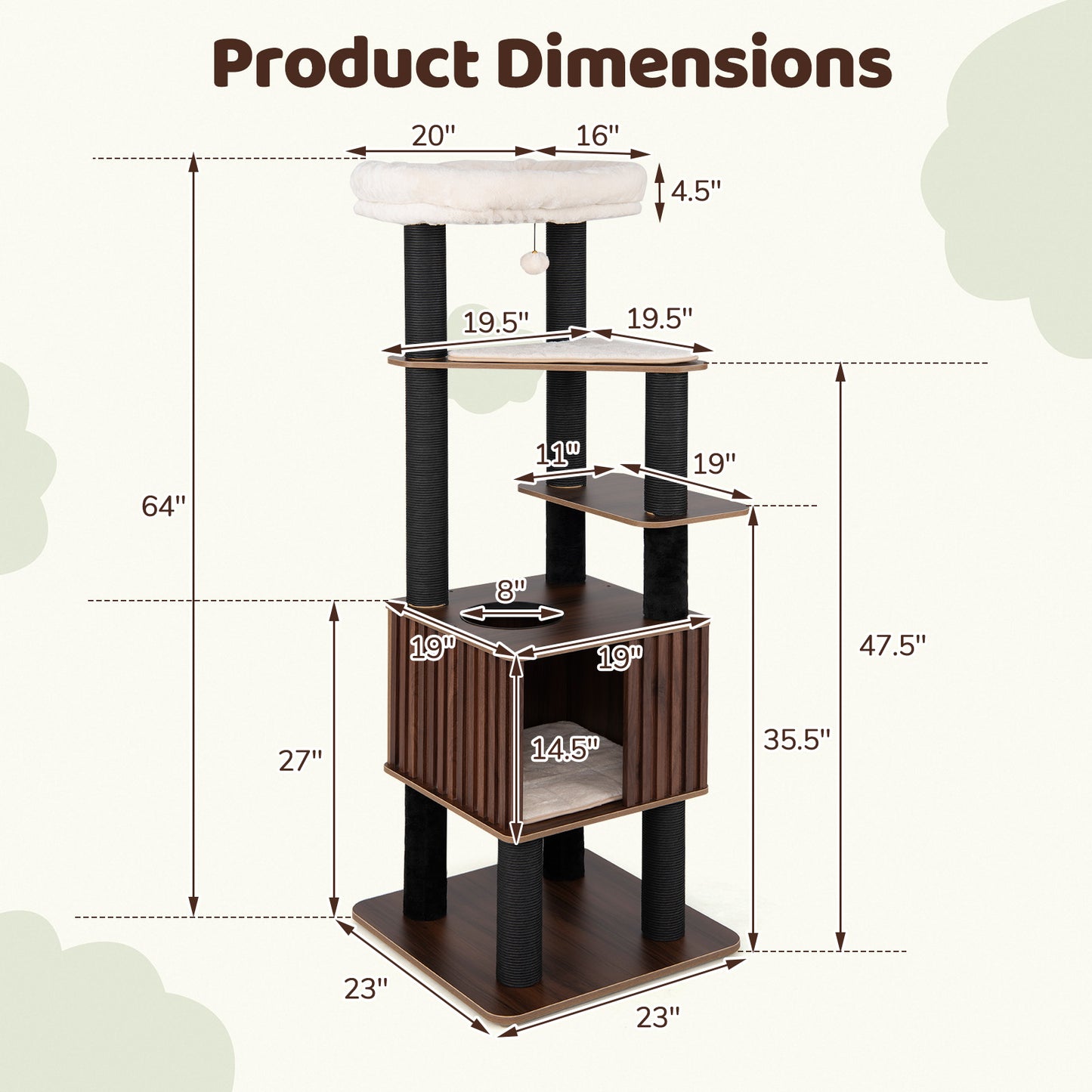Wooden Cat Tower Top Perch with Soft Padding, Brown