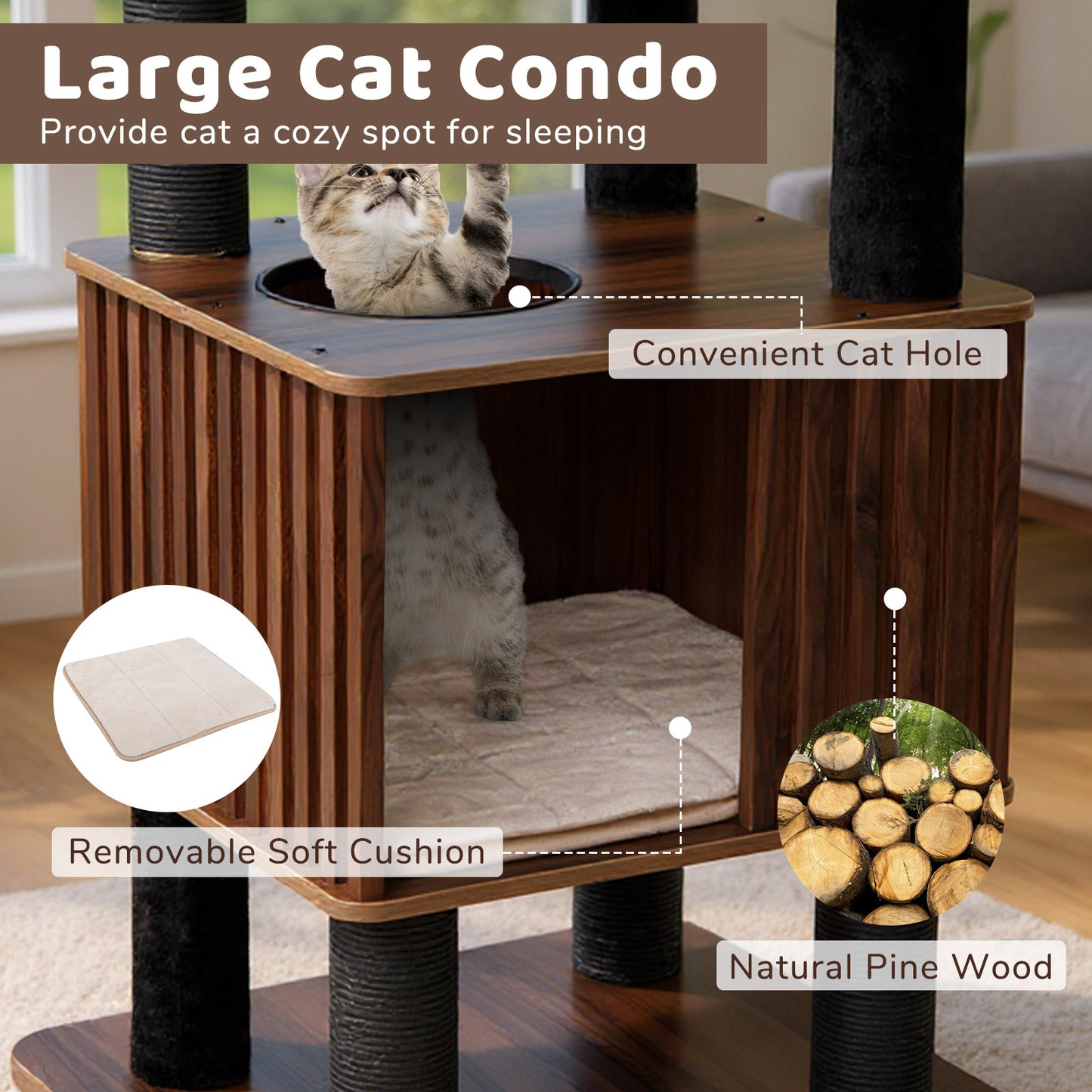 Wooden Cat Tower Top Perch with Soft Padding, Brown