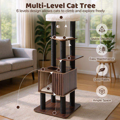 Wooden Cat Tower Top Perch with Soft Padding, Brown