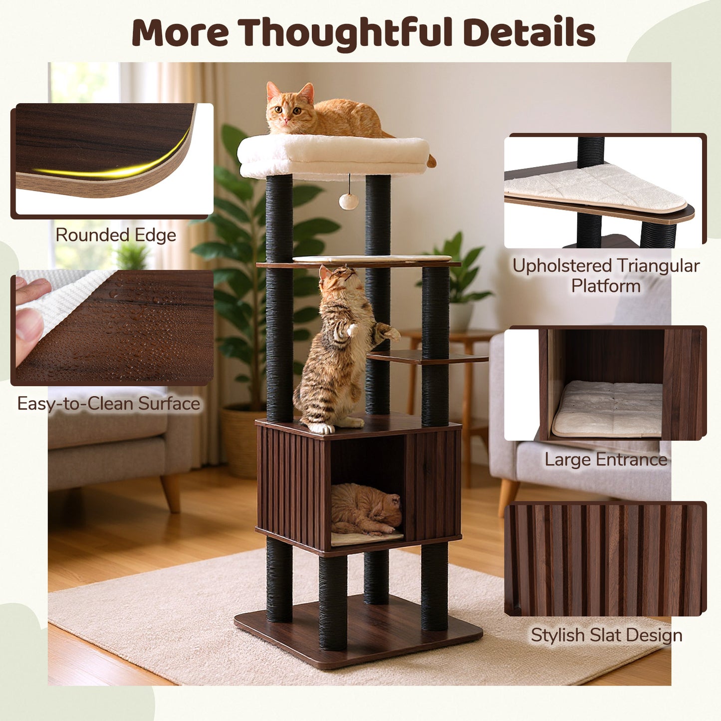 Wooden Cat Tower Top Perch with Soft Padding, Brown