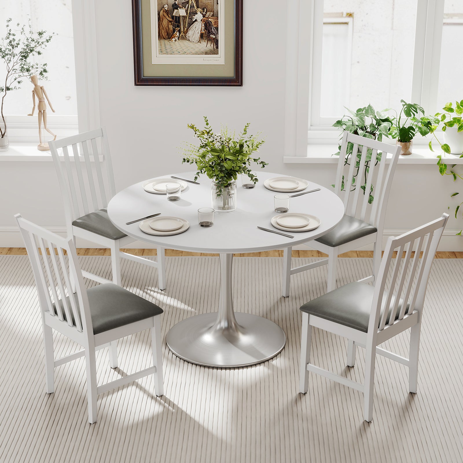 Wooden Dining Chair Set of 2 with Rubber Wood Frame and Padded Seat, White Dining Chairs at Gallery Canada