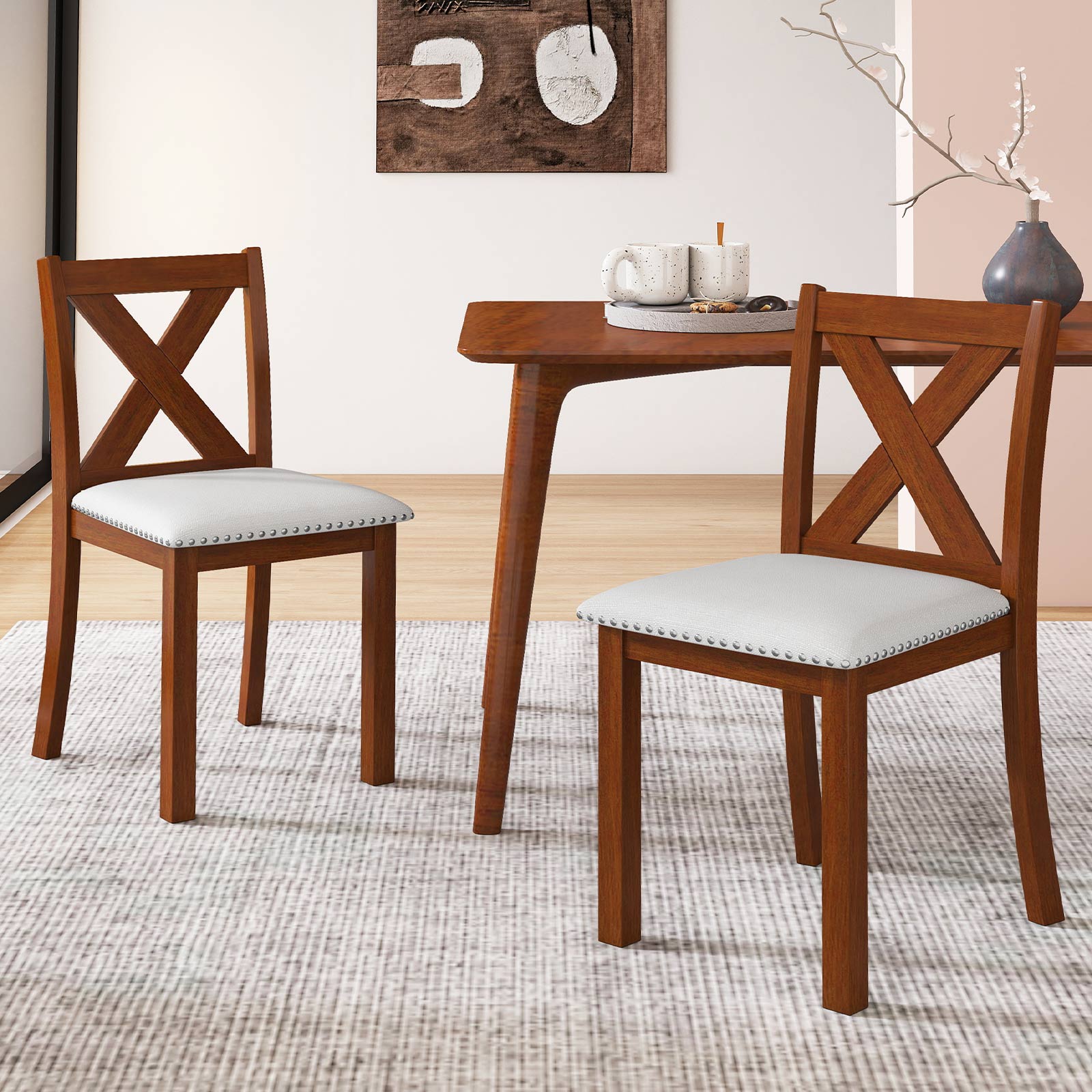 Wooden Dining Chair Set of 2 with Padded Seat and Curved Back, Beige Dining Chairs at Gallery Canada