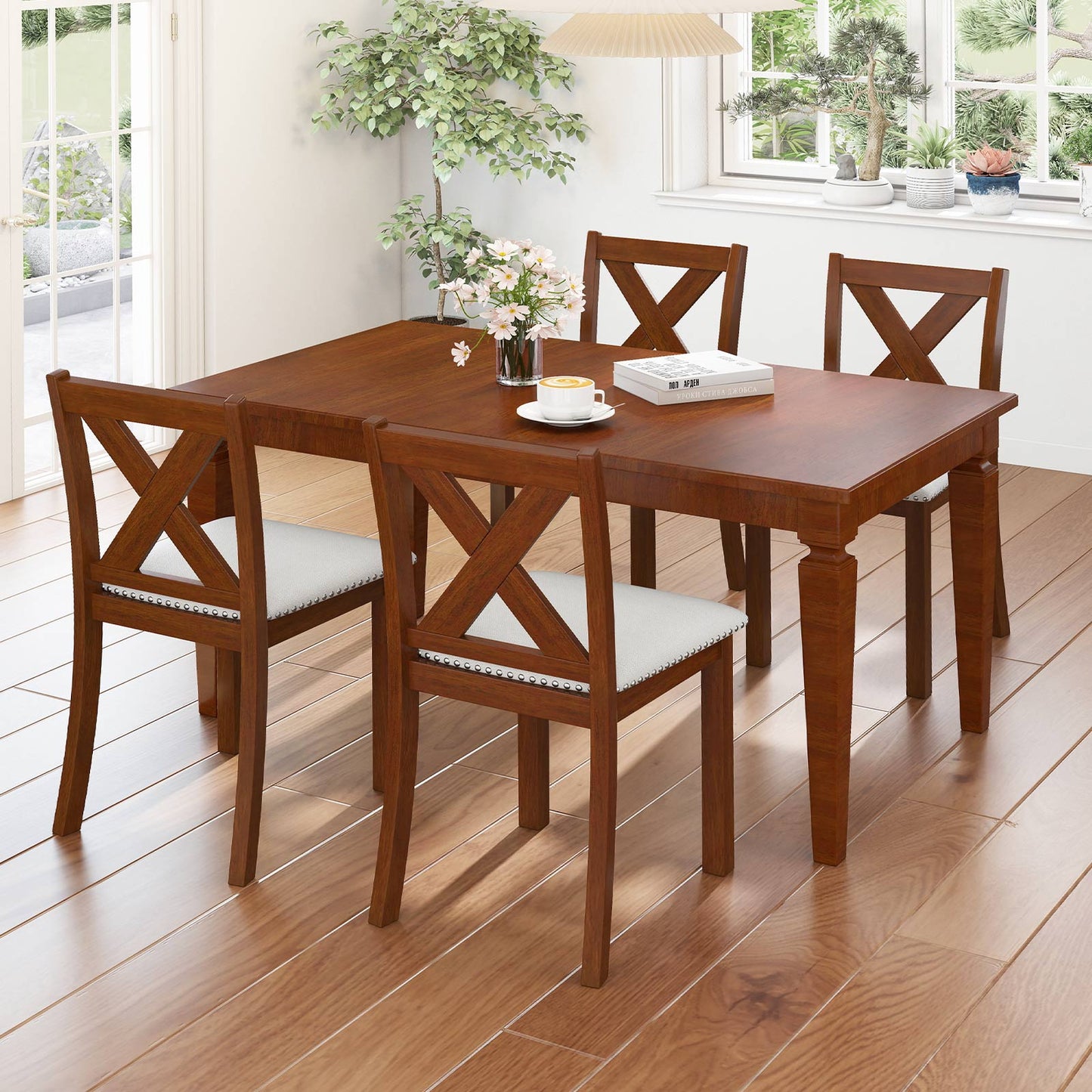 Wooden Dining Chair Set of 2 with Padded Seat and Curved Back, Beige Dining Chairs at Gallery Canada