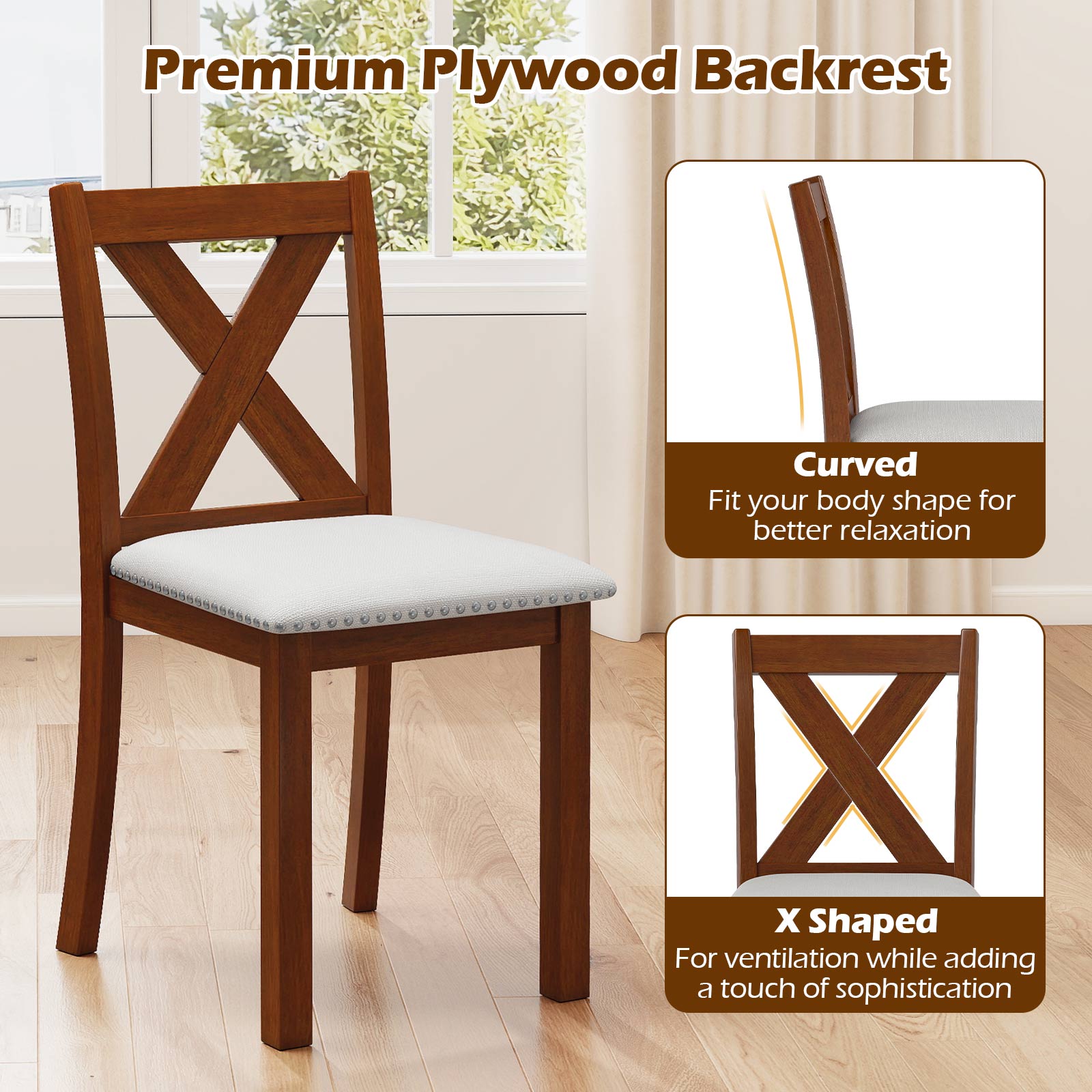 Wooden Dining Chair Set of 2 with Padded Seat and Curved Back, Beige Dining Chairs at Gallery Canada