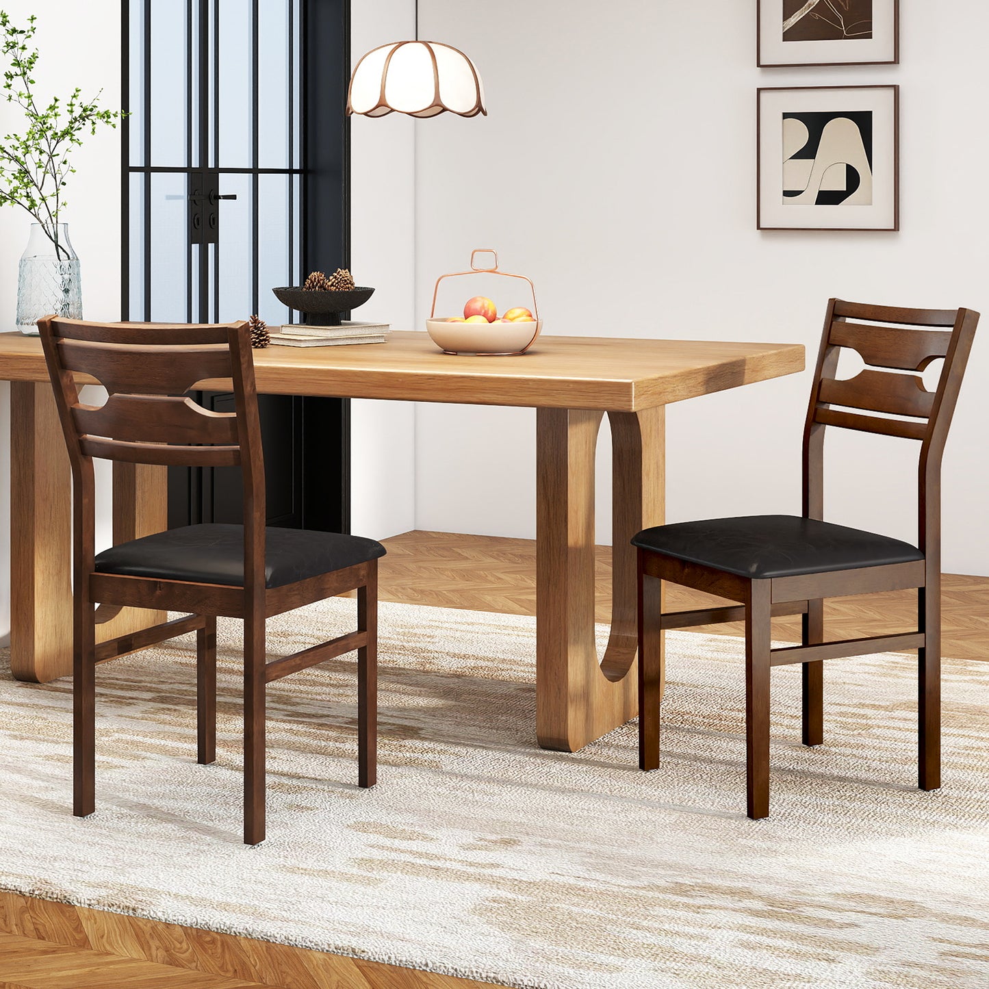 Wooden Dining Chair Set of 2 with PU Leather Padded Seat and Rubber Wood Frame, Walnut Dining Chairs at Gallery Canada
