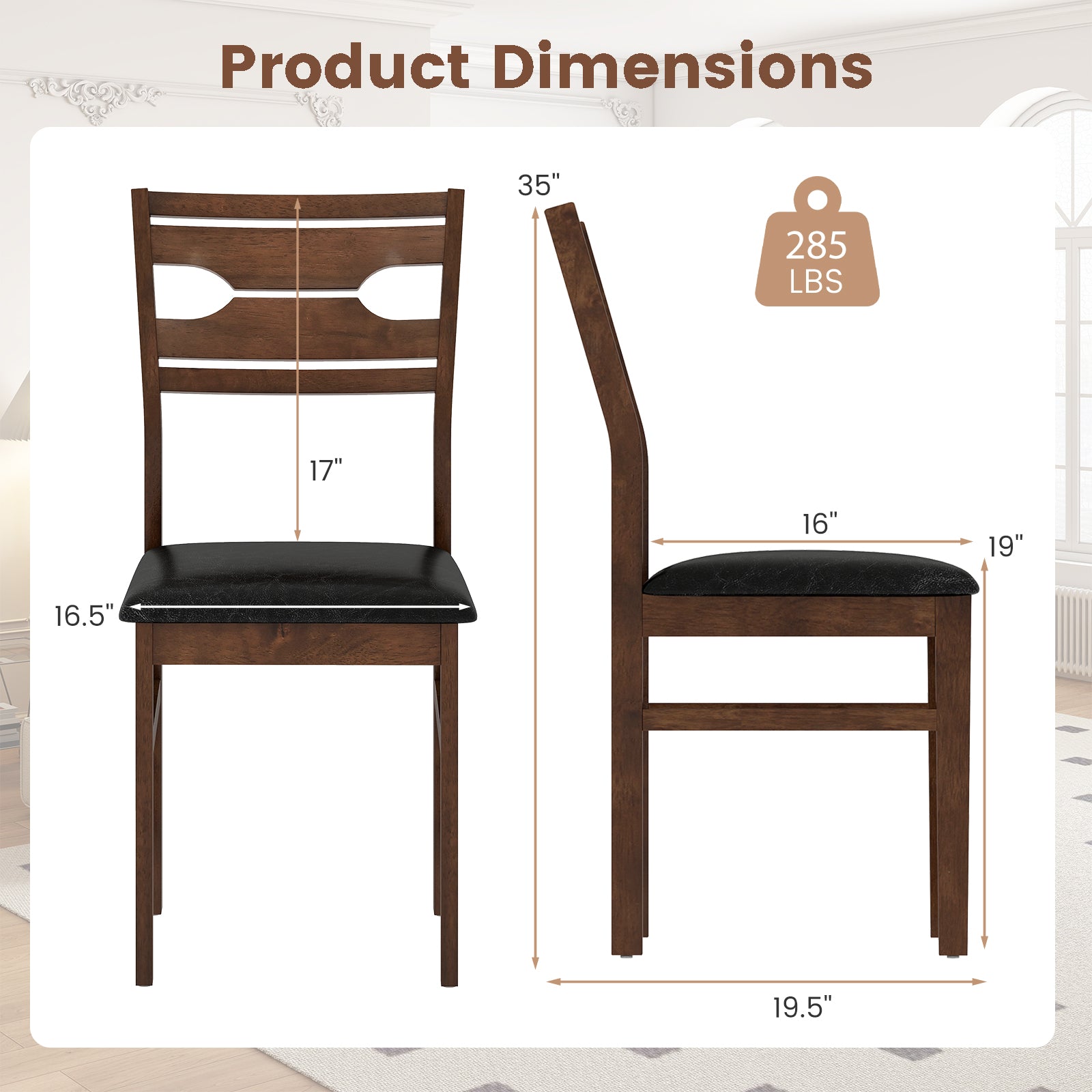 Wooden Dining Chair Set of 2 with PU Leather Padded Seat and Rubber Wood Frame, Walnut Dining Chairs at Gallery Canada