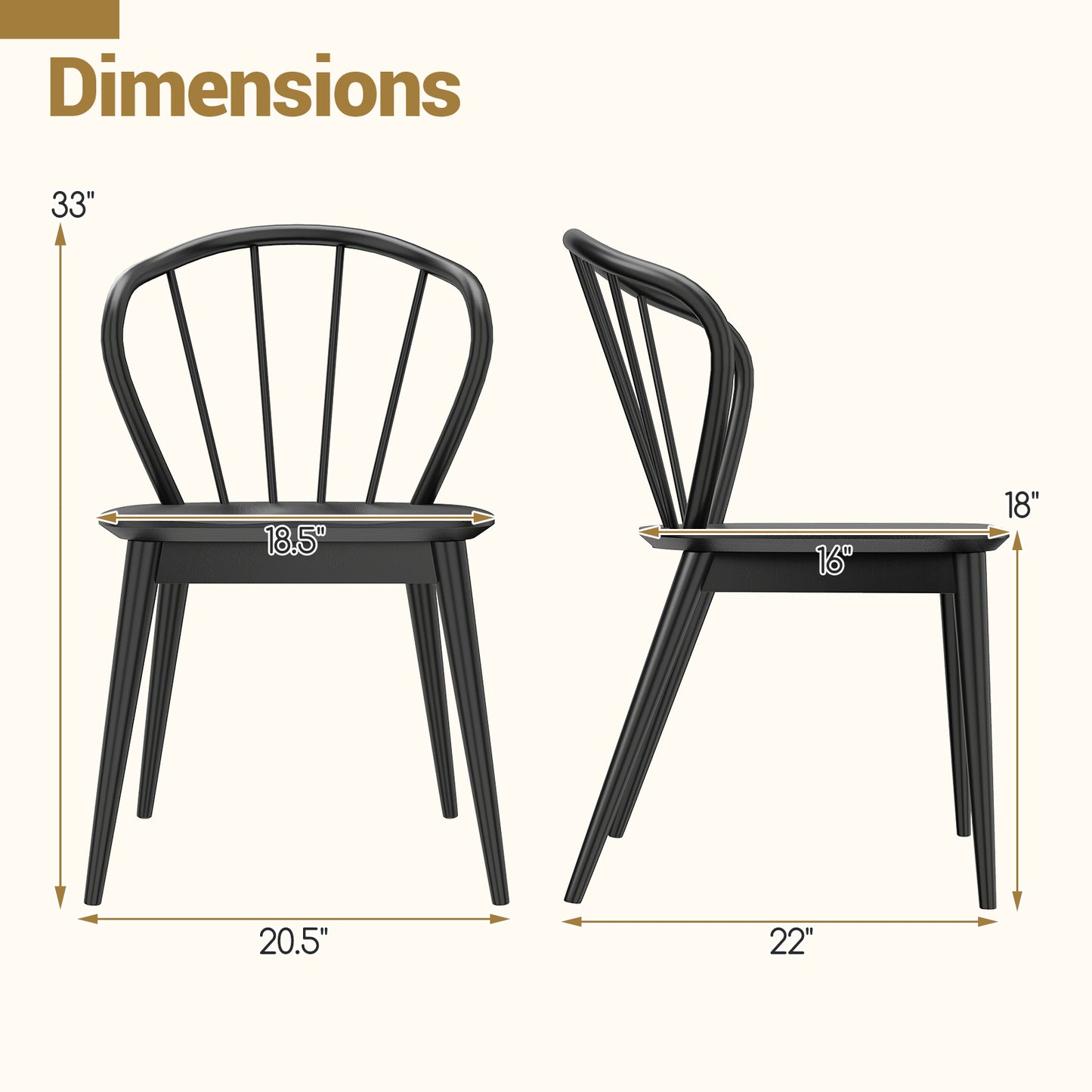 Wooden Dining Chair Set of 2 with High Spindle Back and Wide Seat, Black Dining Chairs at Gallery Canada
