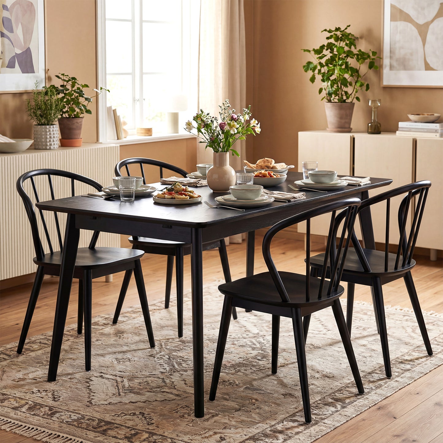 Wooden Dining Chair Set of 2 with High Spindle Back and Wide Seat, Black Dining Chairs at Gallery Canada