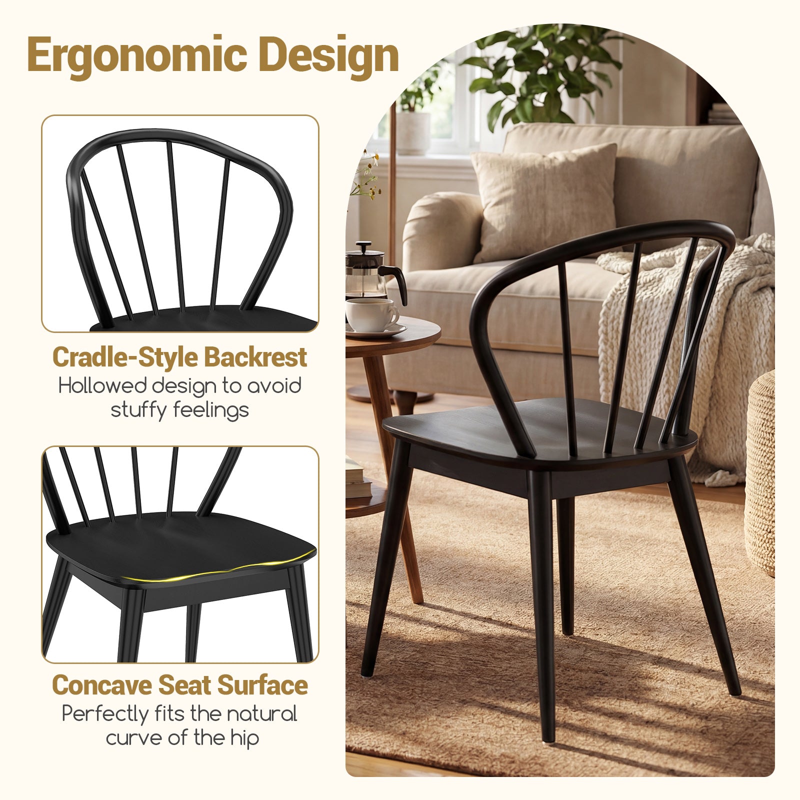 Wooden Dining Chair Set of 2 with High Spindle Back and Wide Seat, Black Dining Chairs at Gallery Canada