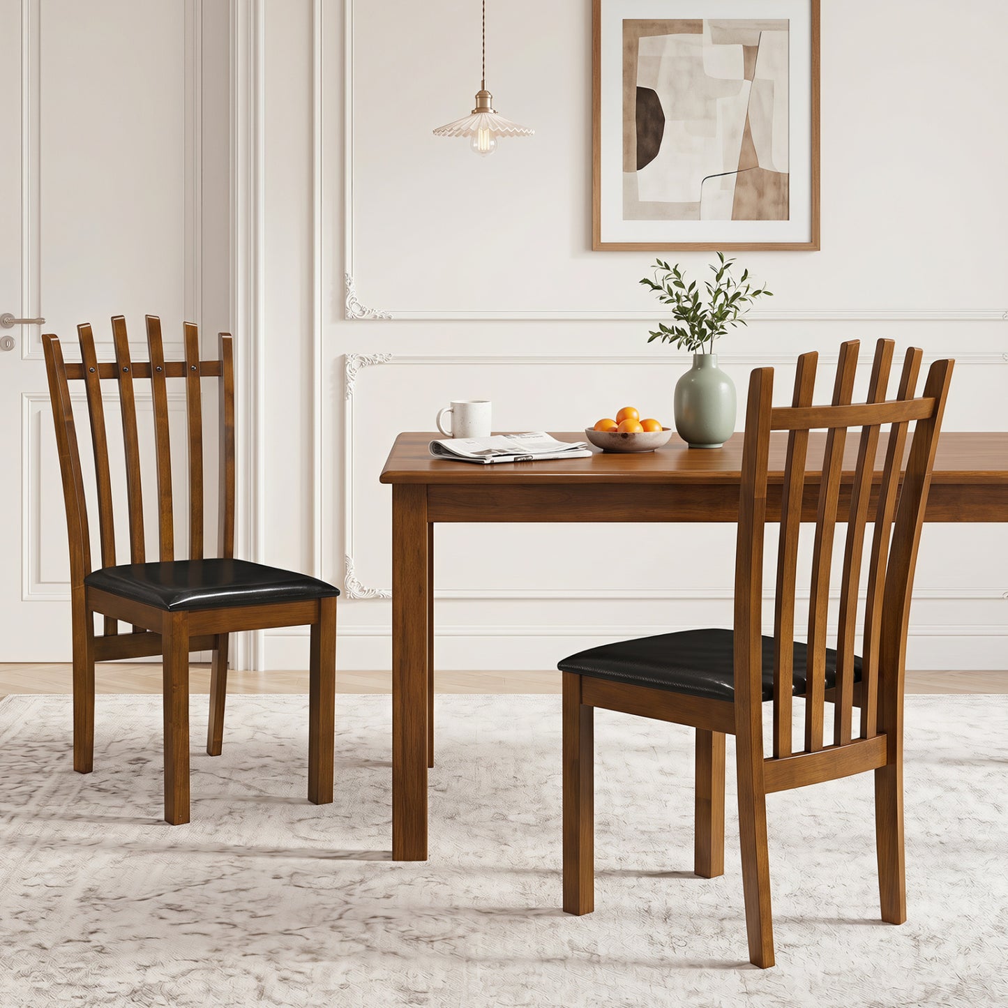 Wooden Dining Chair Set of 2, Spindle Back, PU Leather Seat, Black