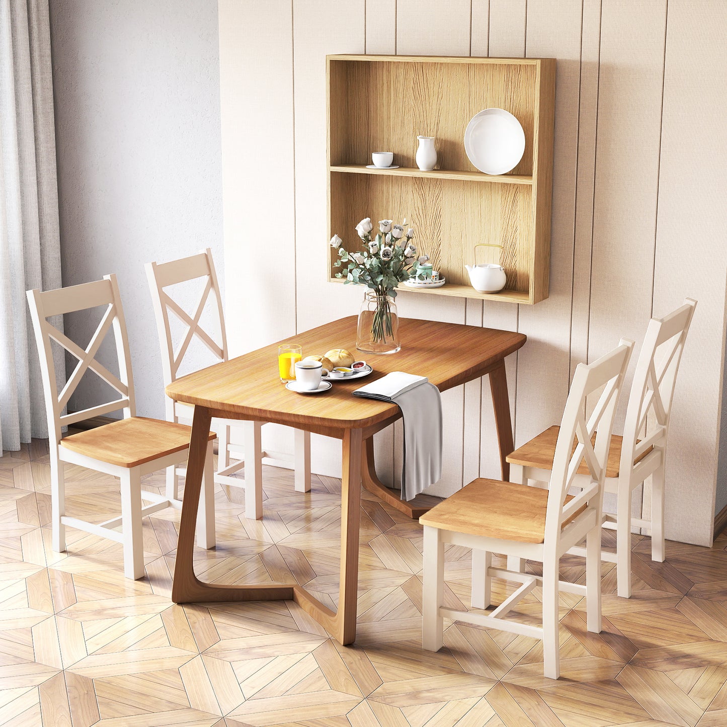 Wooden Dining Chairs Set of 2 with High Back and Rubber Wood Frame, Natural Dining Chairs at Gallery Canada