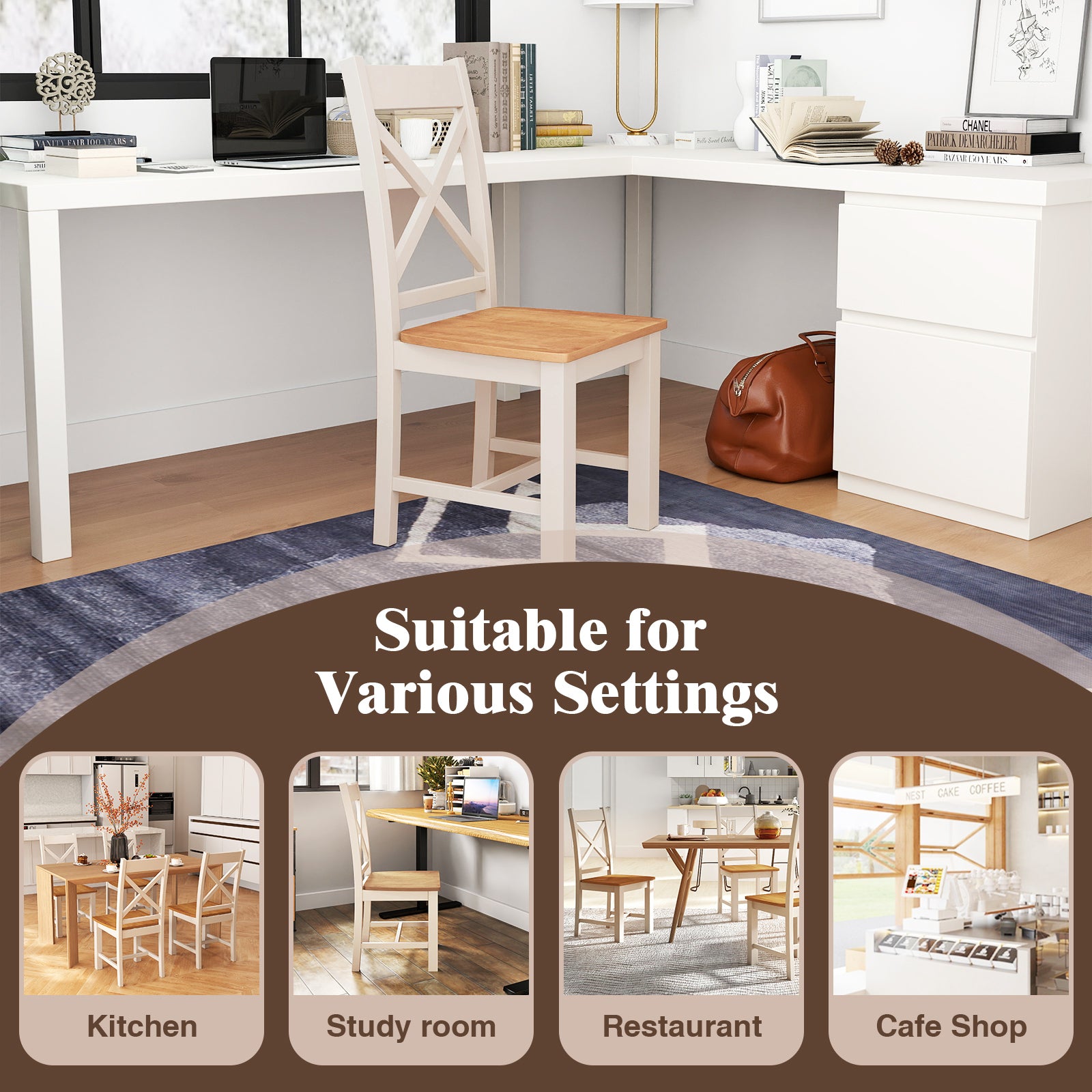 Wooden Dining Chairs Set of 2 with High Back and Rubber Wood Frame, Natural Dining Chairs at Gallery Canada