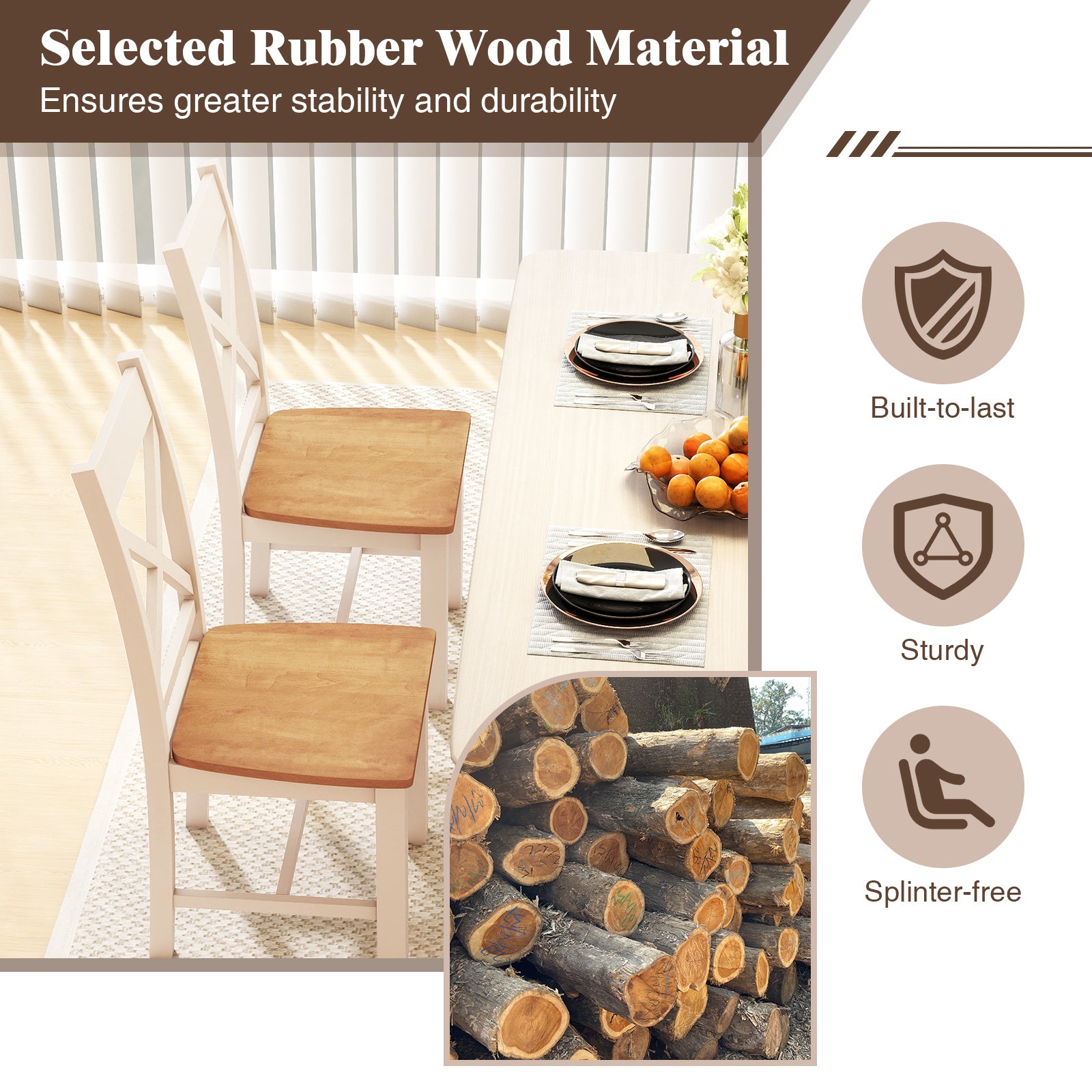 Wooden Dining Chairs Set of 2 with High Back and Rubber Wood Frame, Natural Dining Chairs at Gallery Canada