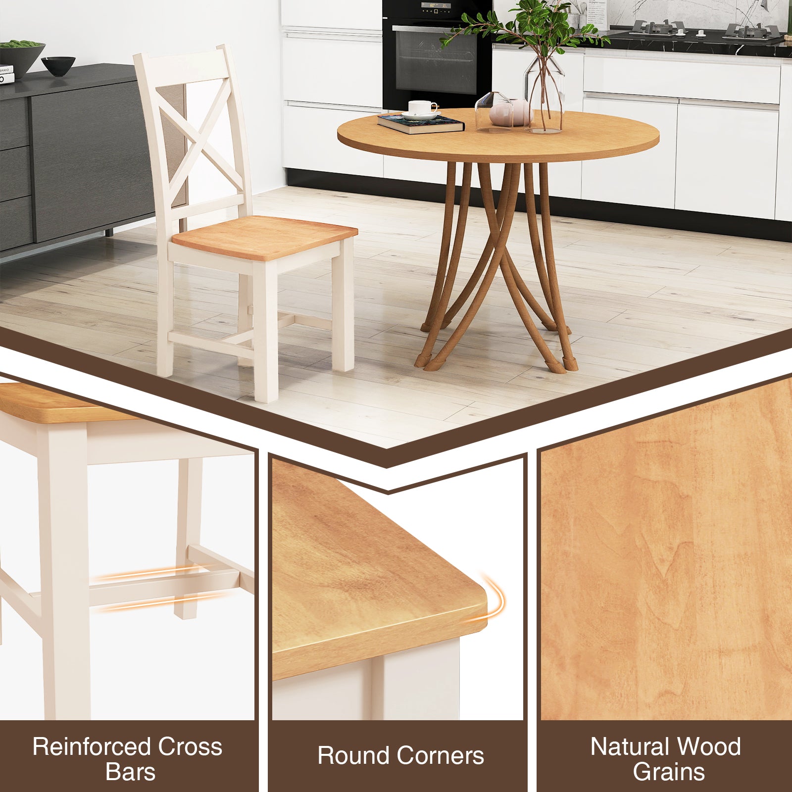 Wooden Dining Chairs Set of 2 with High Back and Rubber Wood Frame, Natural Dining Chairs at Gallery Canada