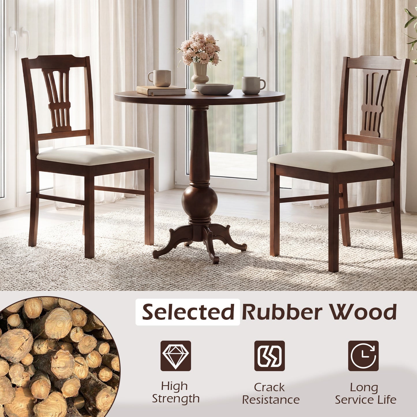 Wooden Dining Chairs Set of 2 Upholstered Kitchen Chairs with Solid Rubber Wood Frame, Beige Dining Chairs at Gallery Canada