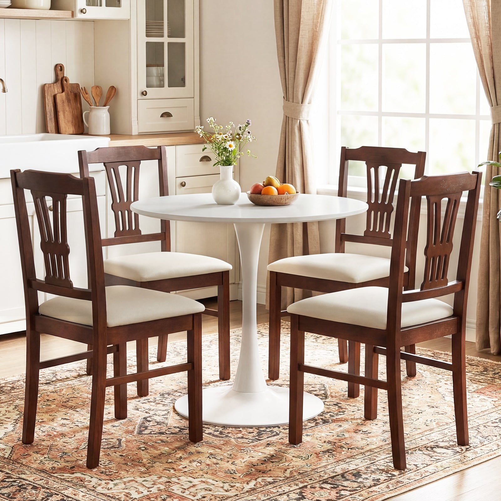 Wooden Dining Chairs Set of 2 Upholstered Kitchen Chairs with Solid Rubber Wood Frame, Beige Dining Chairs at Gallery Canada