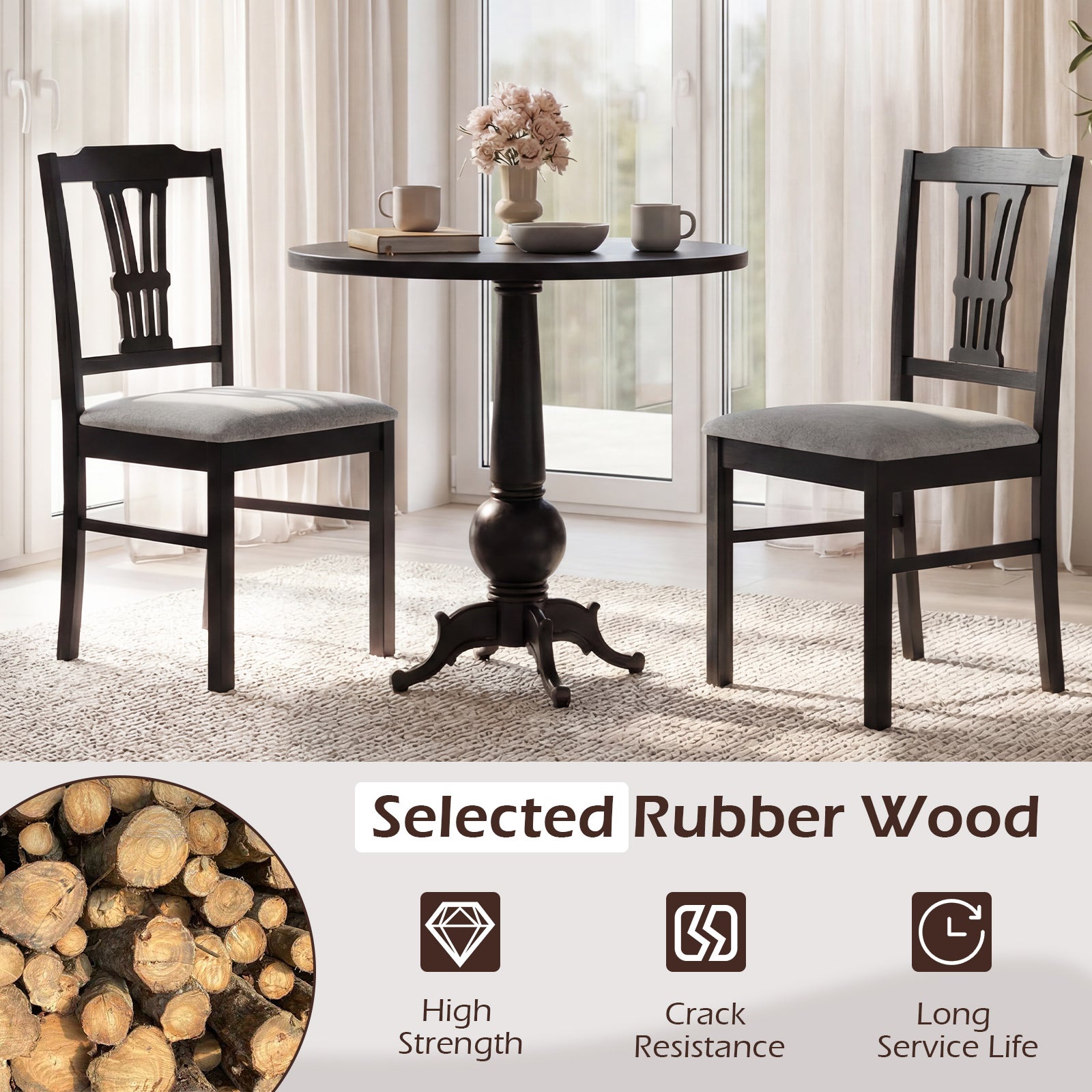 Wooden Dining Chairs Set of 2 Upholstered Kitchen Chairs with Solid Rubber Wood Frame, Gray Dining Chairs at Gallery Canada