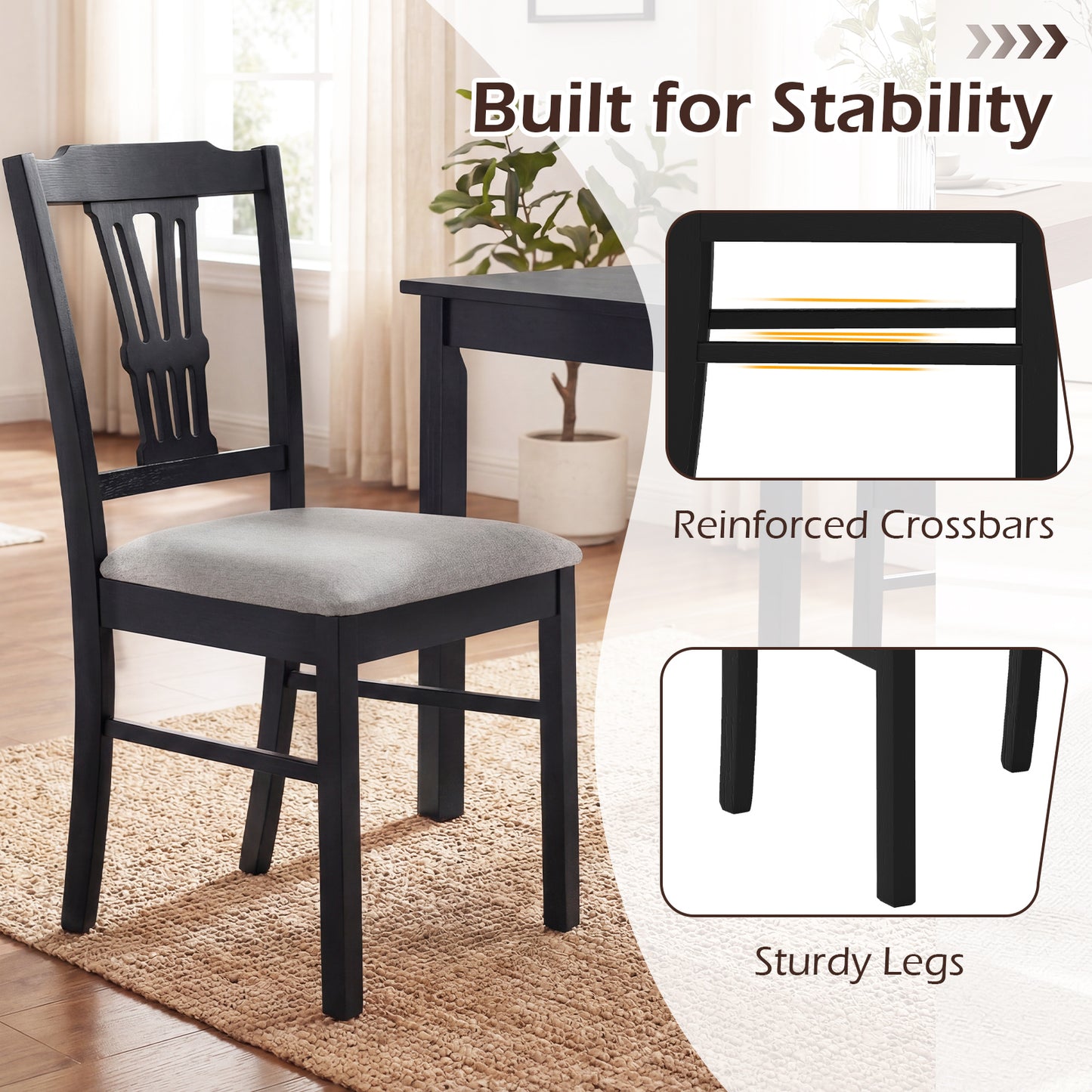 Wooden Dining Chairs Set of 2 Upholstered Kitchen Chairs with Solid Rubber Wood Frame, Gray Dining Chairs at Gallery Canada