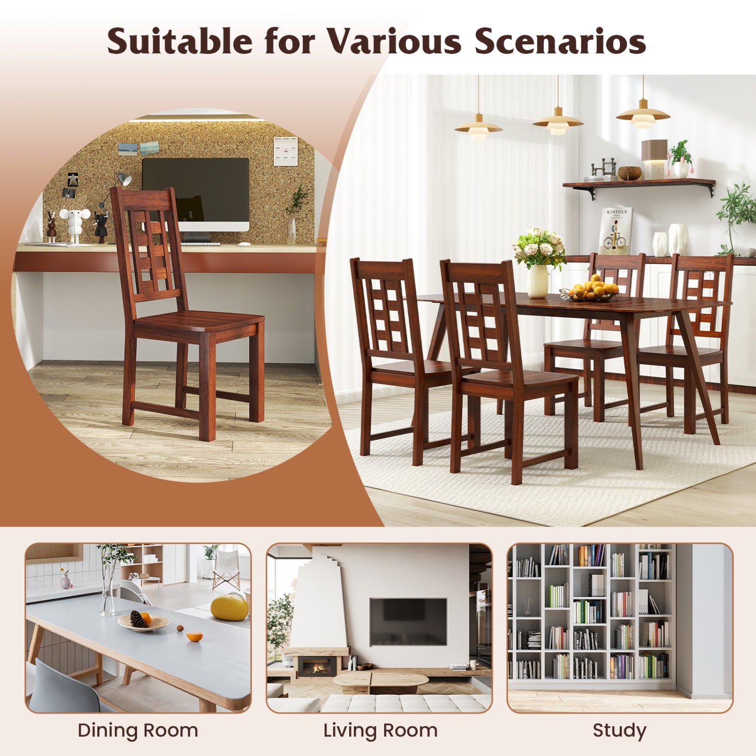 Wooden Dining Chairs, Set of 2, Solid Rubber Wood Frame, Walnut Dining Chairs at Gallery Canada