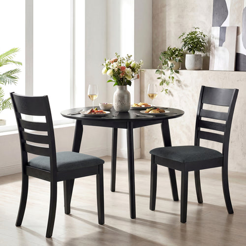 Wooden Dining Chairs Set of 2, Upholstered Kitchen Chairs, Rubber Wood Frame, Black