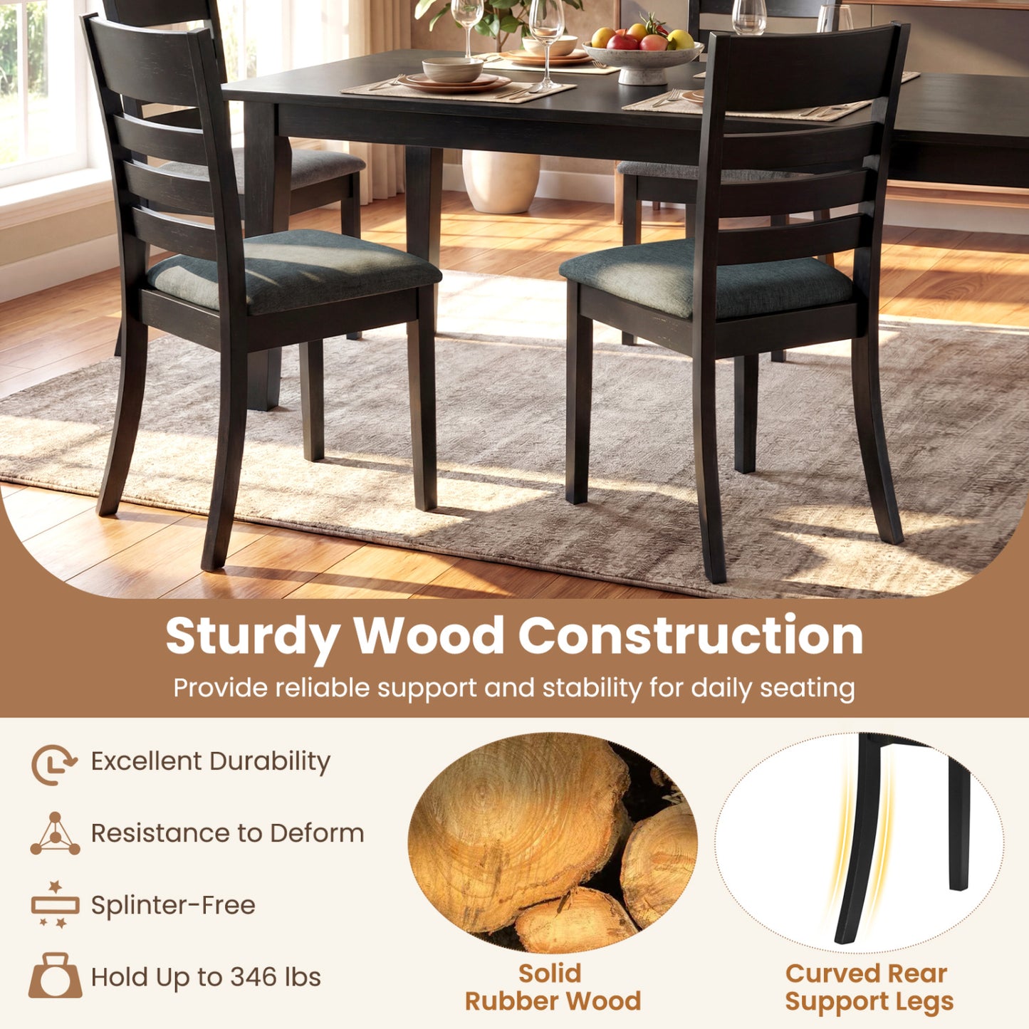 Wooden Dining Chairs Set of 2, Upholstered Kitchen Chairs, Rubber Wood Frame, Black Dining Chairs at Gallery Canada