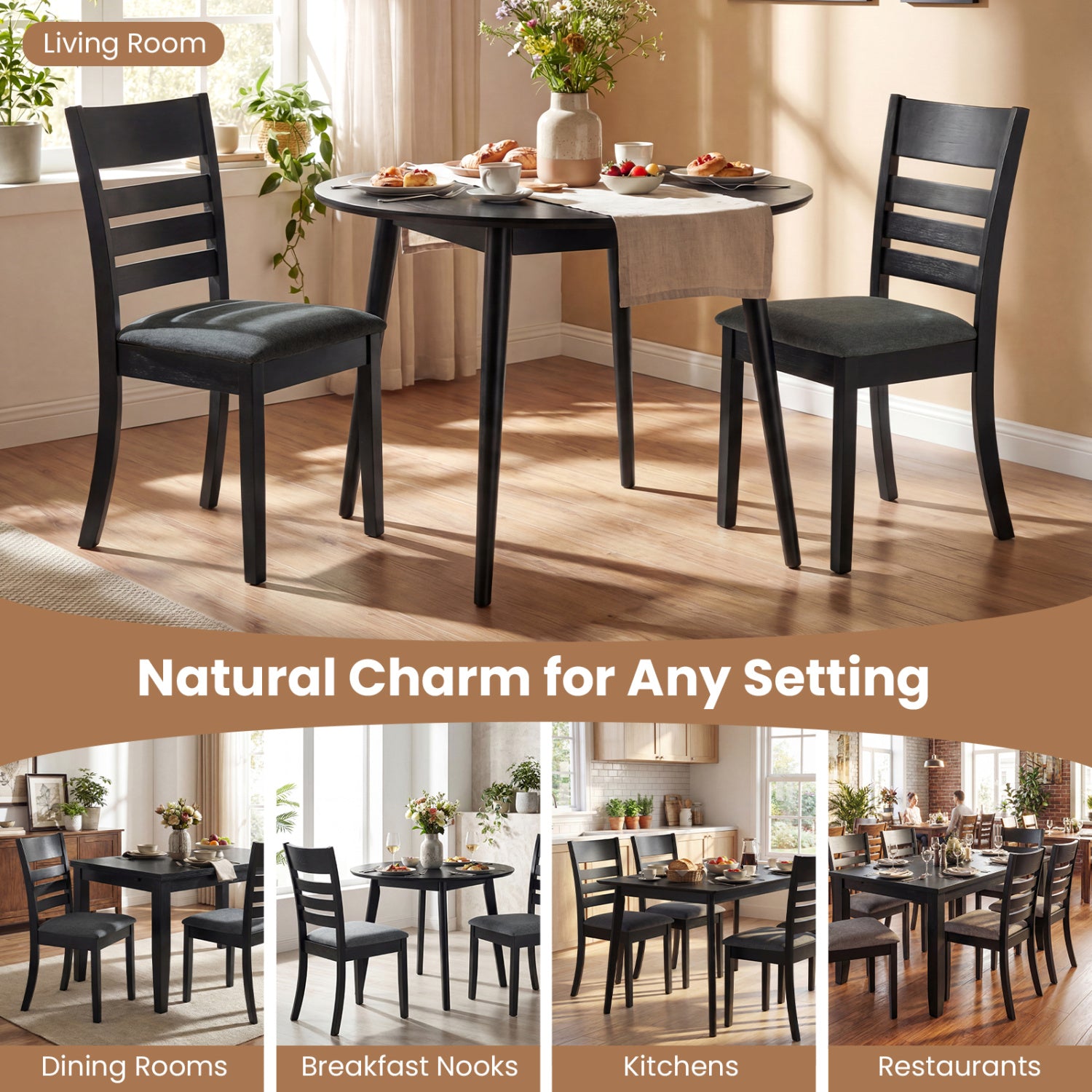 Wooden Dining Chairs Set of 2, Upholstered Kitchen Chairs, Rubber Wood Frame, Black Dining Chairs at Gallery Canada