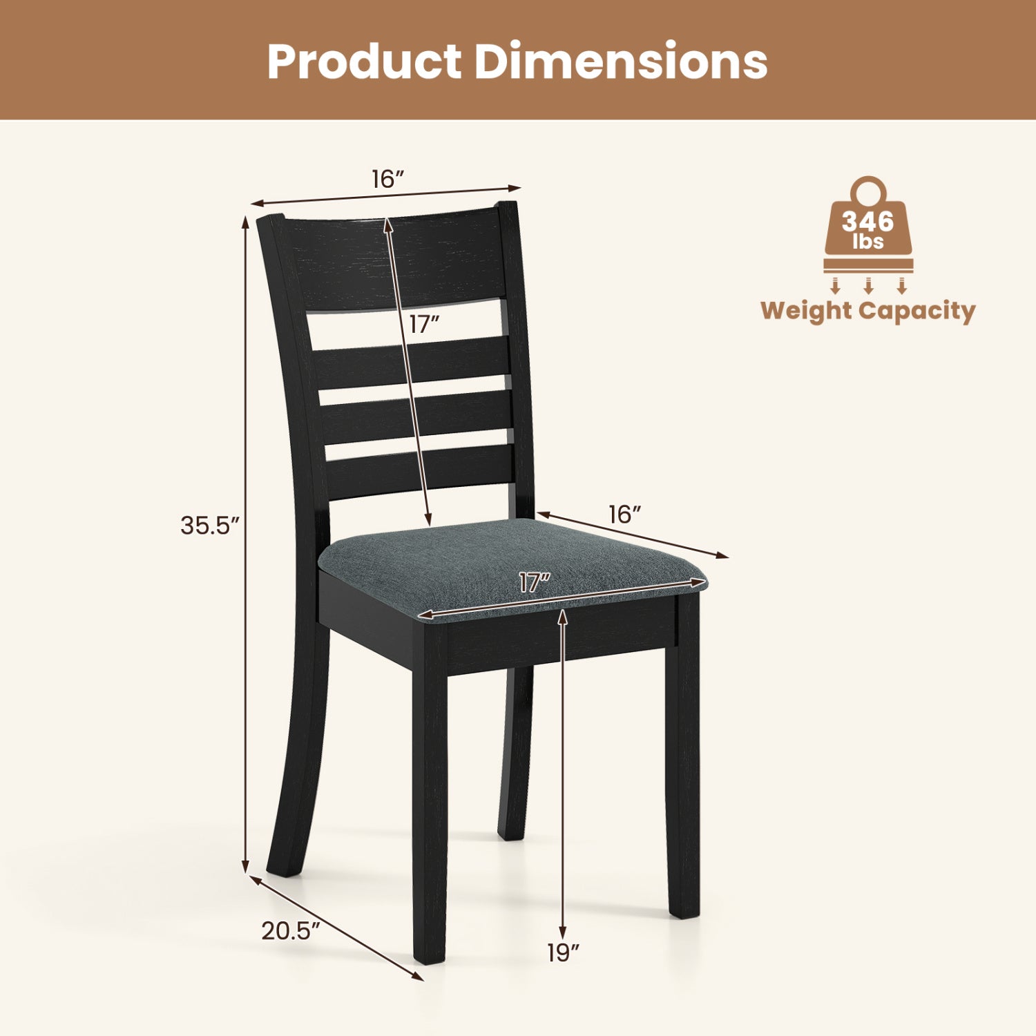 Wooden Dining Chairs Set of 2, Upholstered Kitchen Chairs, Rubber Wood Frame, Black Dining Chairs at Gallery Canada