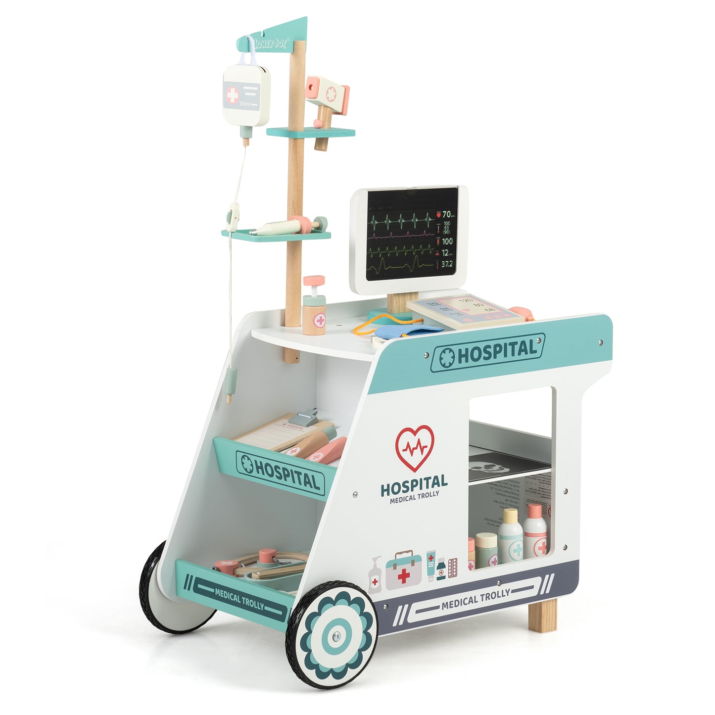 Wooden Doctor Playset for Kids Pretend Play Doctor Kit with Cart Gift for Toddlers Boys Girls Aged 3+, Green