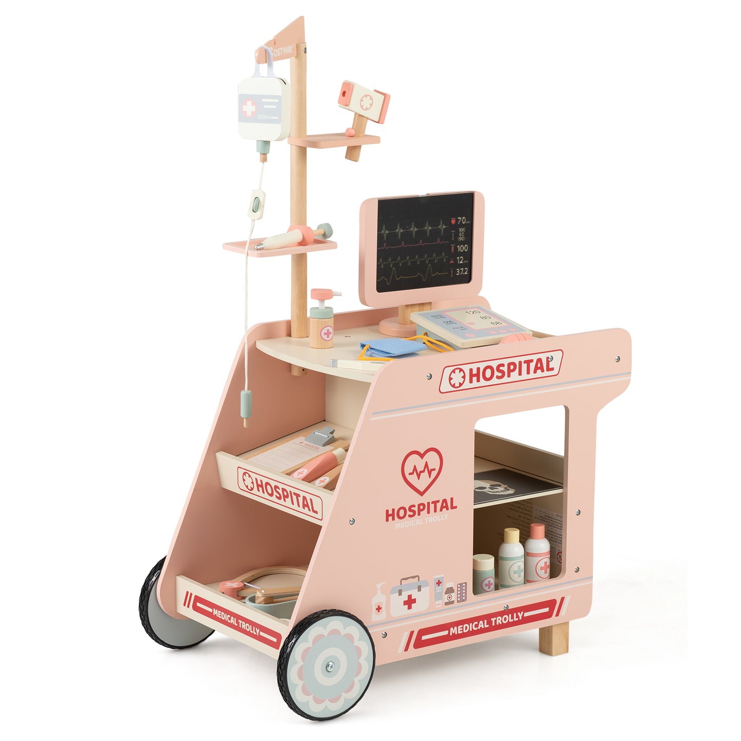 Wooden Doctor Playset for Kids Pretend Play Doctor Kit with Cart Gift for Toddlers Boys Girls Aged 3+, Pink