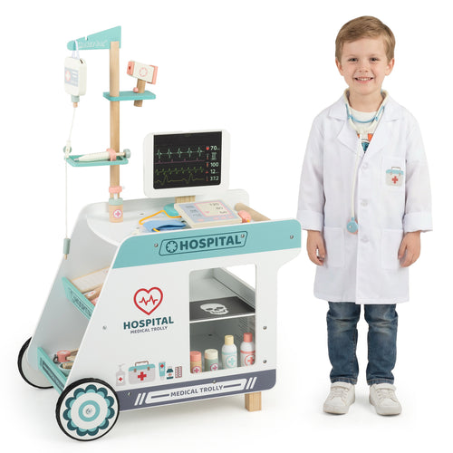 Wooden Doctor Playset for Kids Pretend Play Doctor Kit with Cart Gift for Toddlers Boys Girls Aged 3+, Green