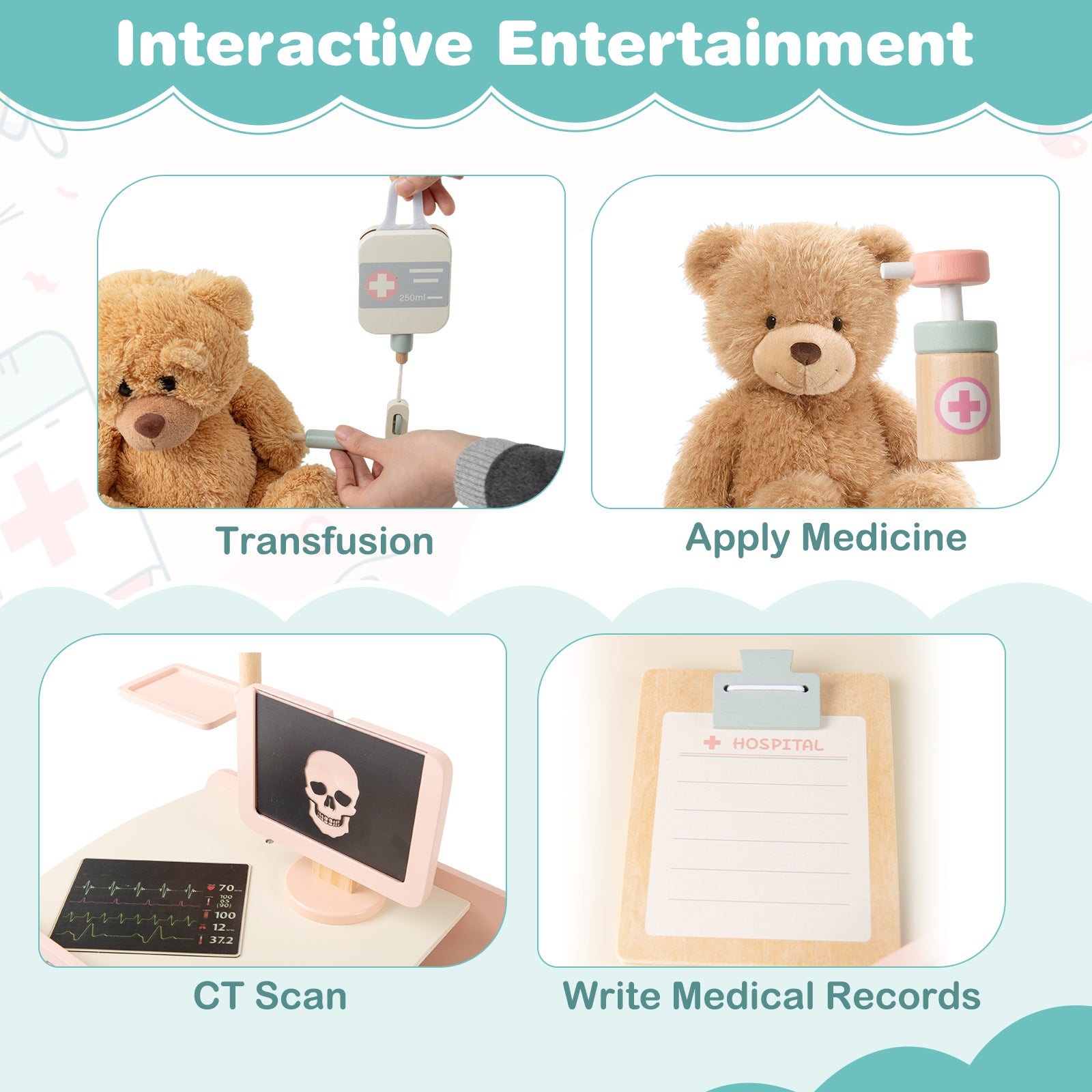 Wooden Doctor Playset for Kids Pretend Play Doctor Kit with Cart Gift for Toddlers Boys Girls Aged 3+, Green Play Tents & Playhouse at Gallery Canada