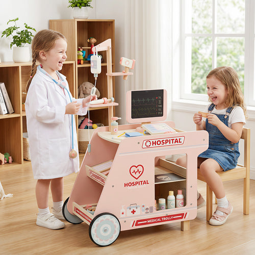 Wooden Doctor Playset for Kids Pretend Play Doctor Kit with Cart Gift for Toddlers Boys Girls Aged 3+, Pink