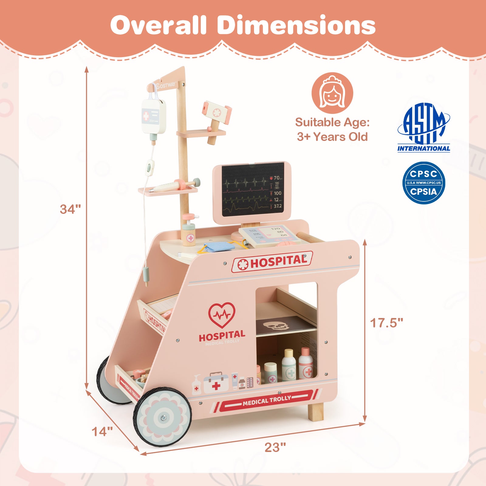 Wooden Doctor Playset for Kids Pretend Play Doctor Kit with Cart Gift for Toddlers Boys Girls Aged 3+, Pink Play Tents & Playhouse at Gallery Canada
