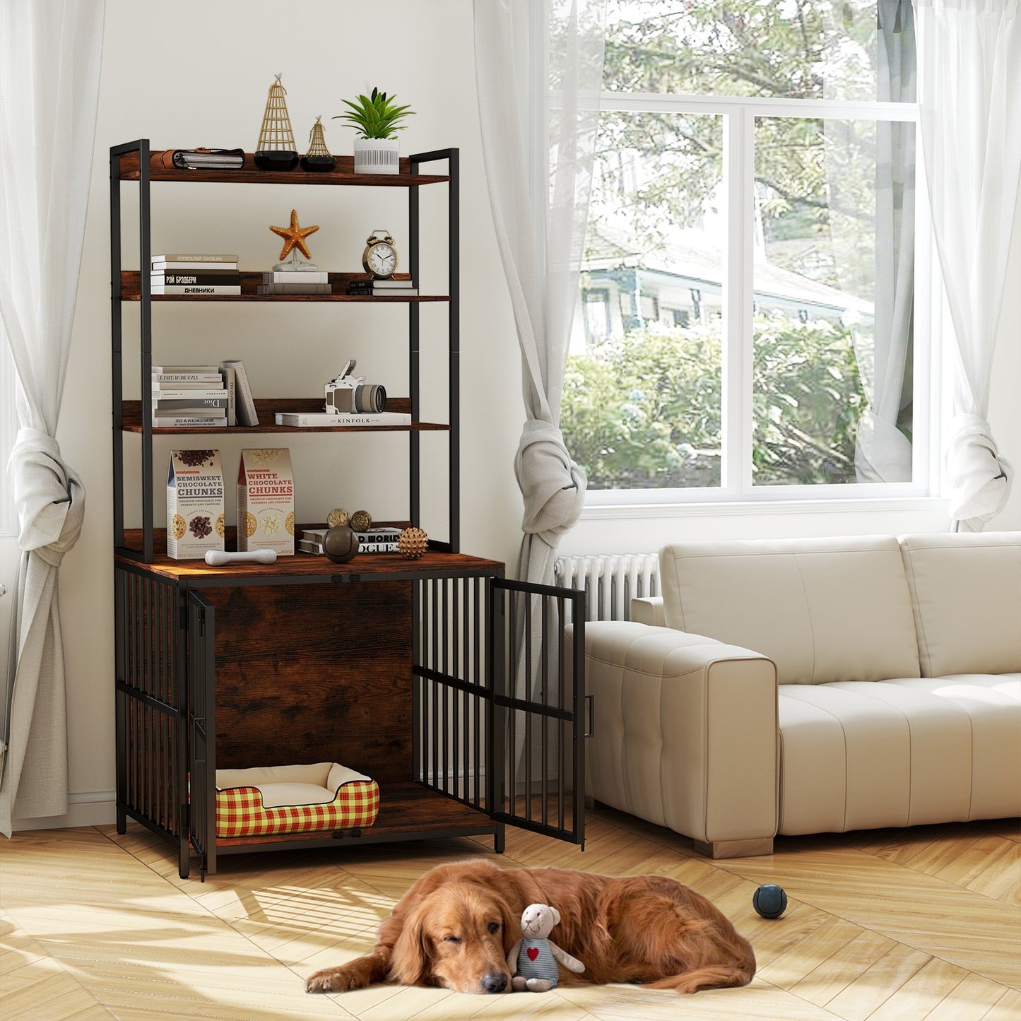 Wooden Dog Crate Furniture with Storage Shelves and Double Doors, Rustic Brown Dog Kennels at Gallery Canada