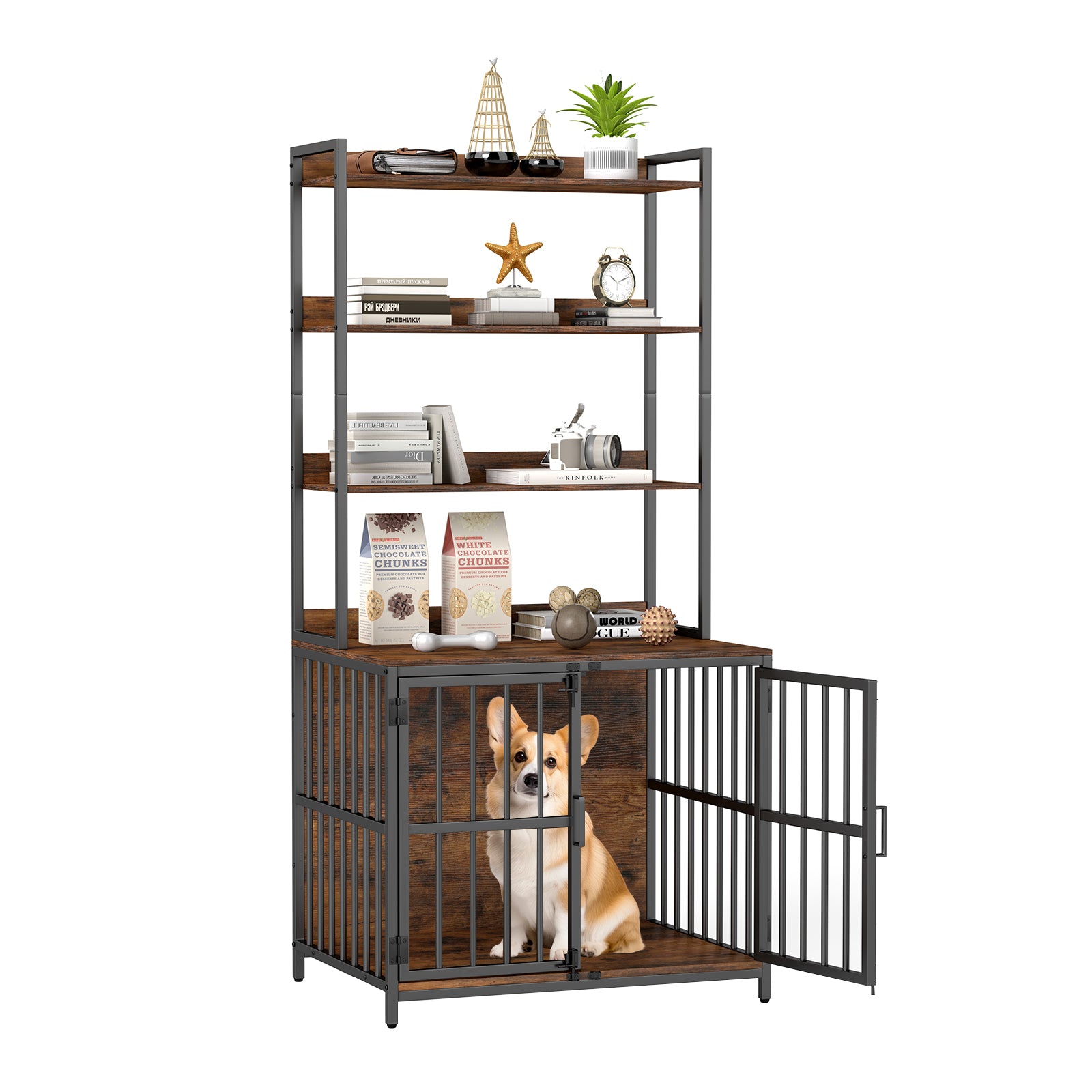 Wooden Dog Crate Furniture with Storage Shelves and Double Doors, Rustic Brown Dog Kennels at Gallery Canada