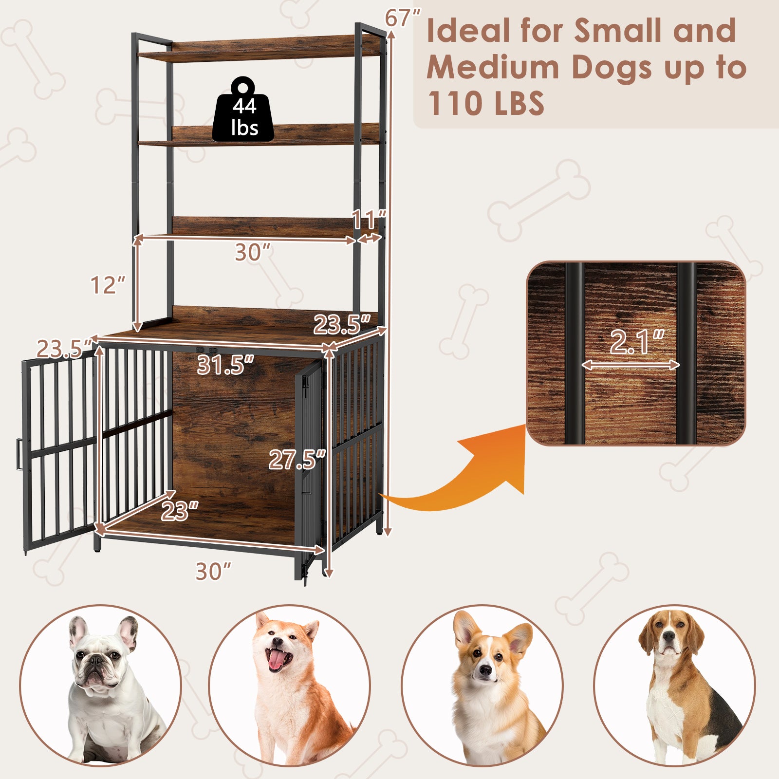 Wooden Dog Crate Furniture with Storage Shelves and Double Doors, Rustic Brown Dog Kennels at Gallery Canada