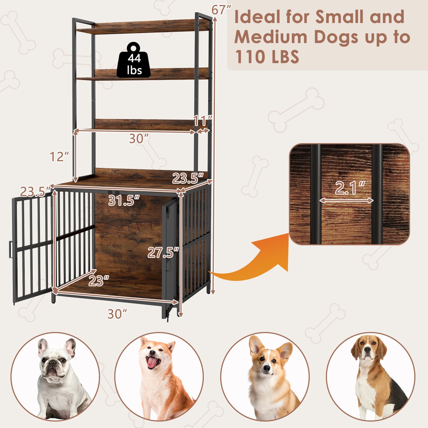 Wooden Dog Crate Furniture with Storage Shelves and Double Doors, Rustic Brown Dog Kennels at Gallery Canada