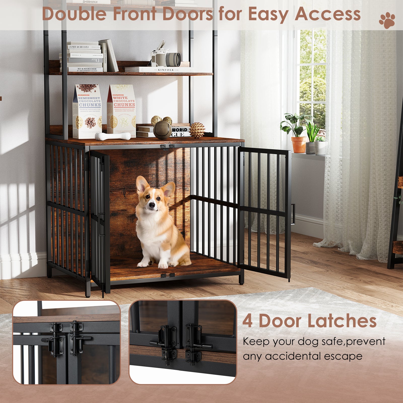 Wooden Dog Crate Furniture with Storage Shelves and Double Doors, Rustic Brown Dog Kennels at Gallery Canada