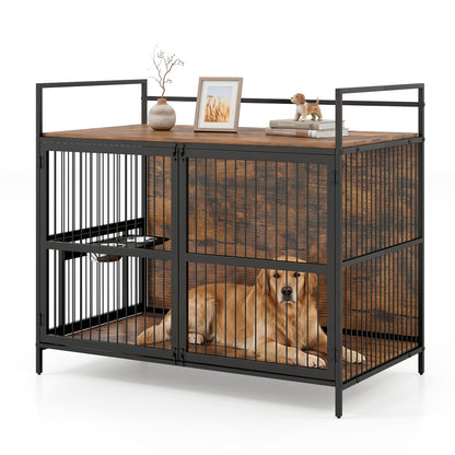 Wooden Dog Crate Furniture, Medium, with Bowls, Brown
