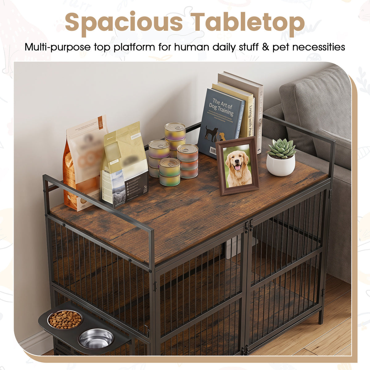 Wooden Dog Crate Furniture, Medium, with Bowls, Brown