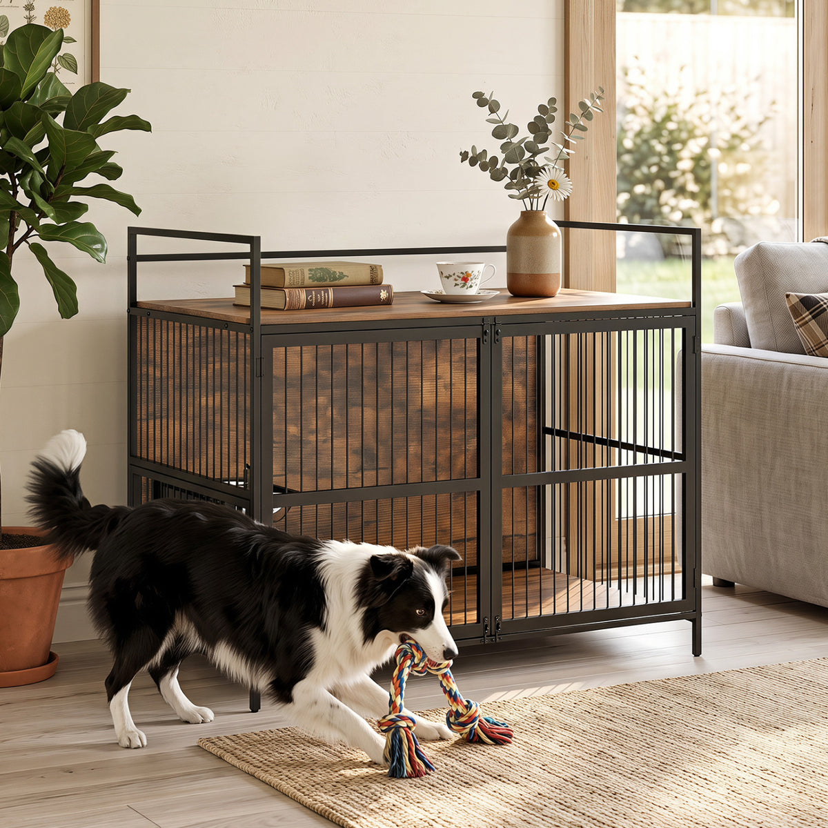 Wooden Dog Crate Furniture, Medium, with Bowls, Brown