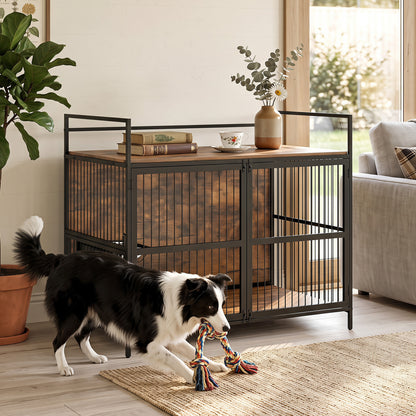 Wooden Dog Crate Furniture, Medium, with Bowls, Brown