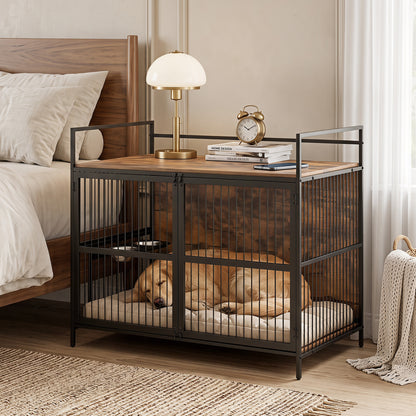Wooden Dog Crate Furniture, Medium, with Bowls, Brown