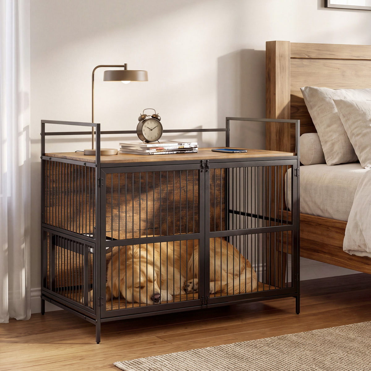 Wooden Dog Crate Furniture, Medium, with Bowls, Brown