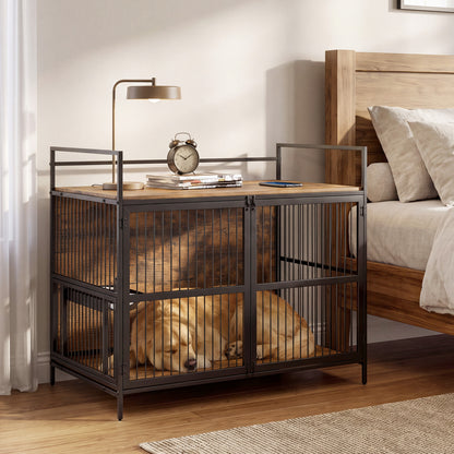 Wooden Dog Crate Furniture, Medium, with Bowls, Brown