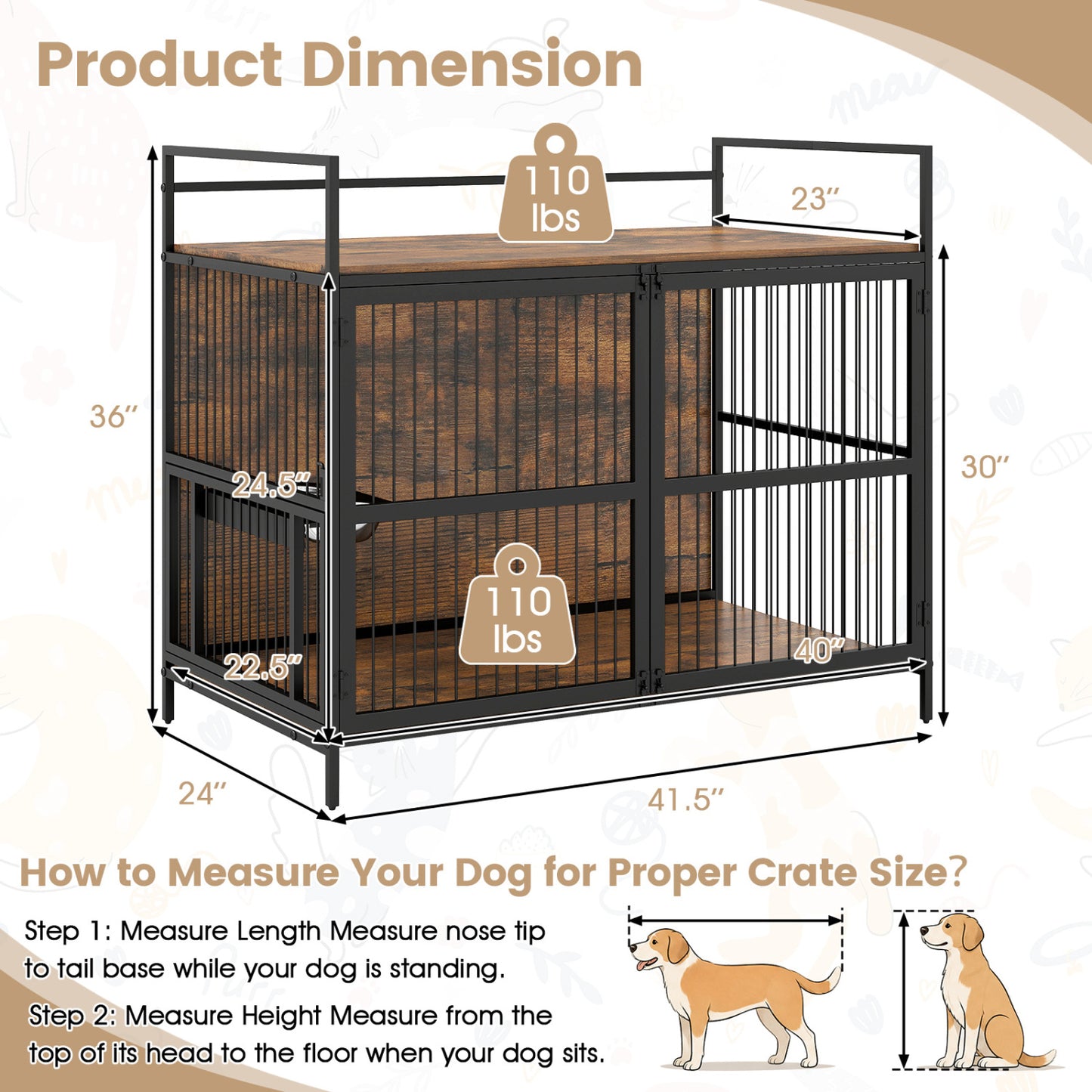 Wooden Dog Crate Furniture, Medium, with Bowls, Brown