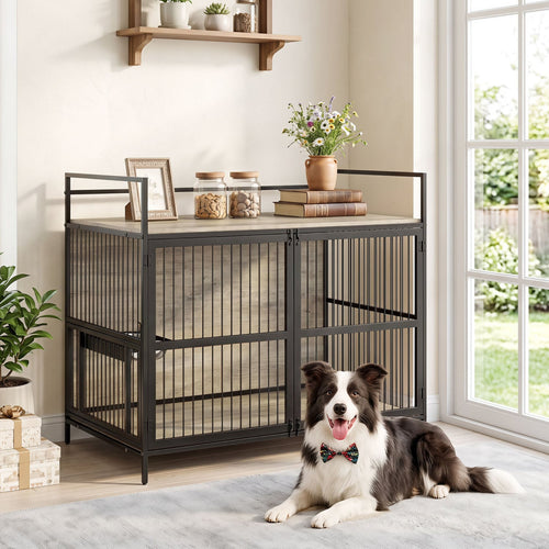 Wooden Dog Crate Furniture, Medium, Bowls Holder, Gray